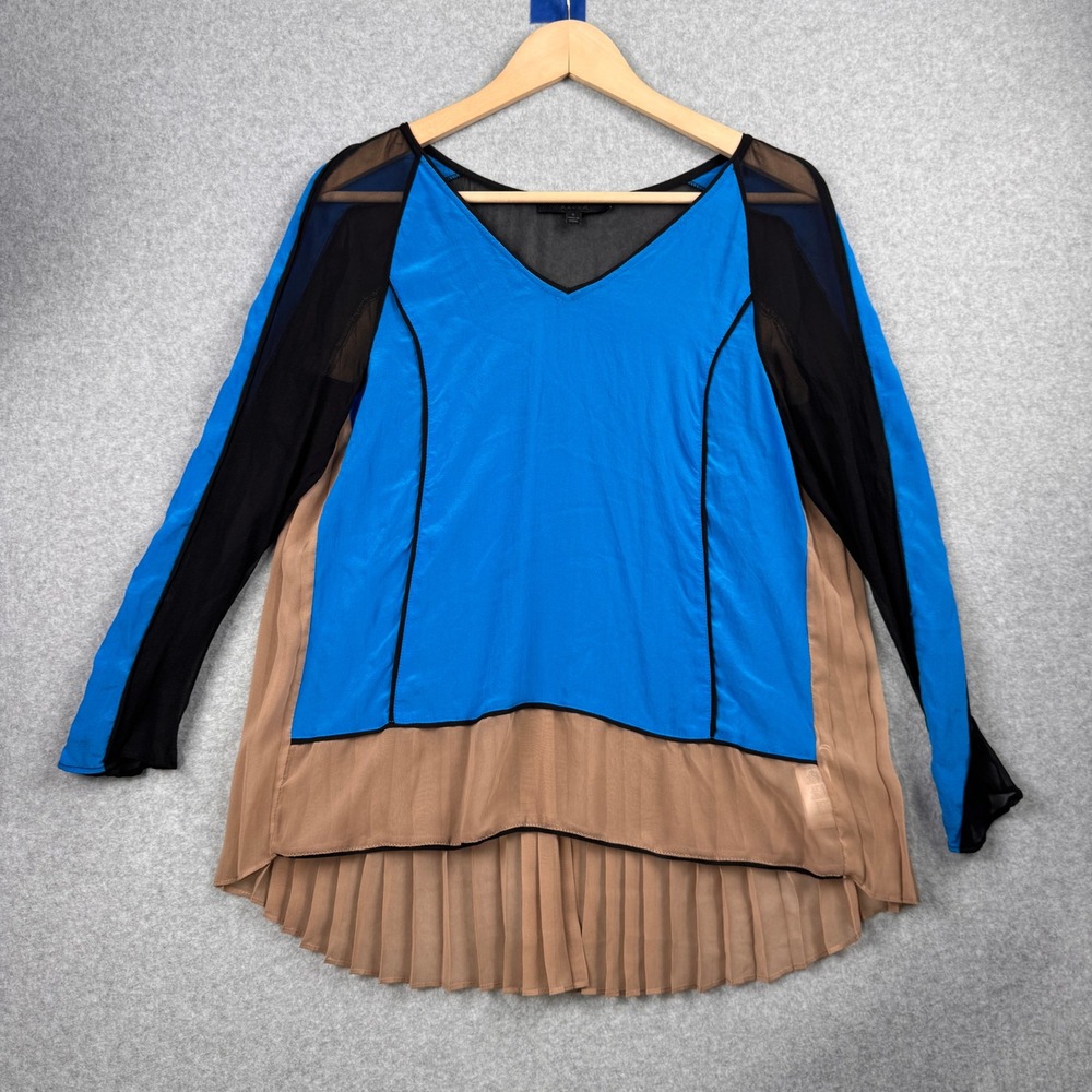 ARYN K Blouse Womens Small Blue‎ Beige Colorblock 100% Silk Sheer Pleated Artsy